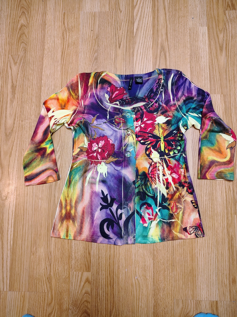 new directions Multicolor Butterfly & Floral 3 Button-Front Cardigan Size M